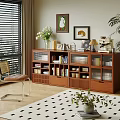 Wooden Bookcase with Glass Doors Drawers Filled with Books Decor and Plants in Cozy Room