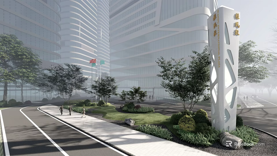 Modern High rise Office Building With Glass Curtain Wall Greenery Pedestrians And Signage 3d model 