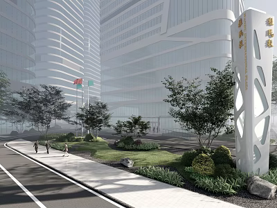 Modern High rise Office Building With Glass Curtain Wall Greenery Pedestrians And Signage 3d model