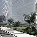 Modern High rise Office Building With Glass Curtain Wall Greenery Pedestrians And Signage