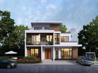 Modern Two Story Detached Villa With Lush Green Trees Front Garden And Driveway 3d model