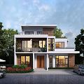 Modern Two Story Detached Villa With Lush Green Trees Front Garden And Driveway