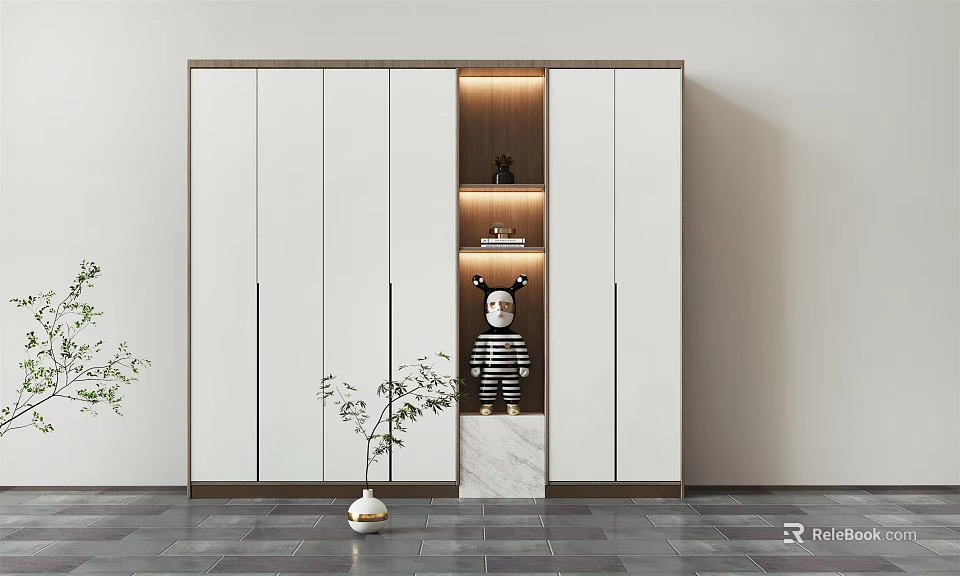 Modern Wardrobe With Open Shelf Lighting Wooden White Panels Marble Countertop Decorative Items 3d model 