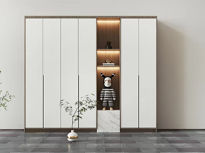 Modern Wardrobe With Open Shelf Lighting Wooden White Panels Marble Countertop Decorative Items 3d model