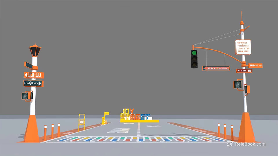 Road Construction Site With Traffic Light Equipment Signs And Colorful Zebra Crossing 3d model 
