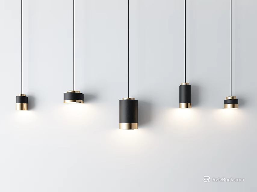 Set Of Modern Black And Gold Cylindrical Pendant Lights With Hanging Design 3d model 