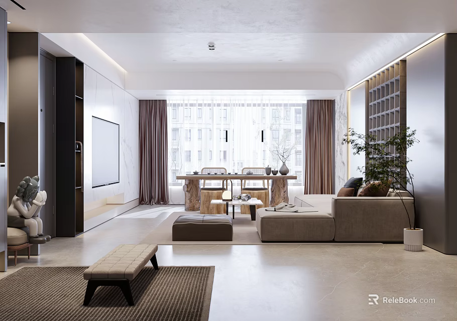 Modern Living and Dining Room Interior With Large Windows Sofa And Dining Table 3d model