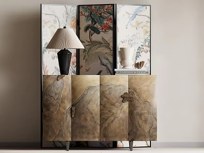 Elegant Modern Decorative Cabinet With Screen Table Lamp And Ceramic Vase 3d model