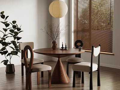 Round Wooden Dining Table With Modern Chairs Light Cushions Vase Dried Flowers And Pendant Light 3d model