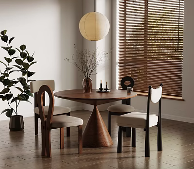 Round Wooden Dining Table With Modern Chairs Light Cushions Vase Dried Flowers And Pendant Light 3d model