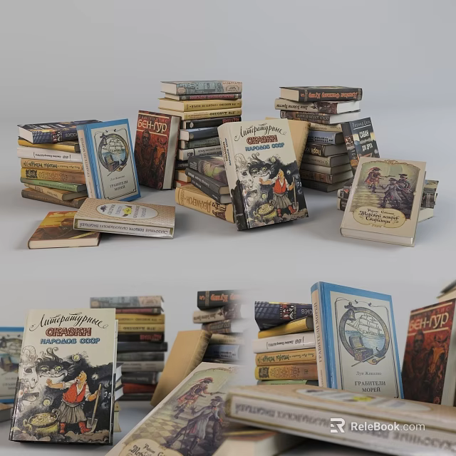 Stacked Vintage Books And Magazines With Illustrated Covers And Diverse Sizes 3d model 