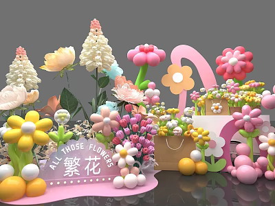 Vibrant Floral Display With Colorful Blooming Flowers Balloons Number Shape And Decorative Elements 3d model
