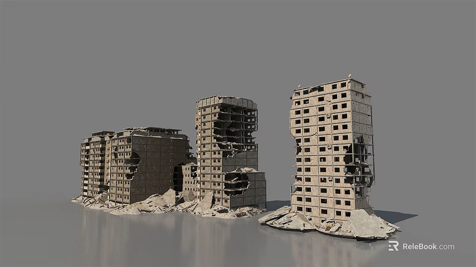 Damaged High Rise Building Structures With Collapsed Facades And Surrounding Debris 3d model
