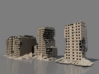 Damaged High Rise Building Structures With Collapsed Facades And Surrounding Debris 3d model