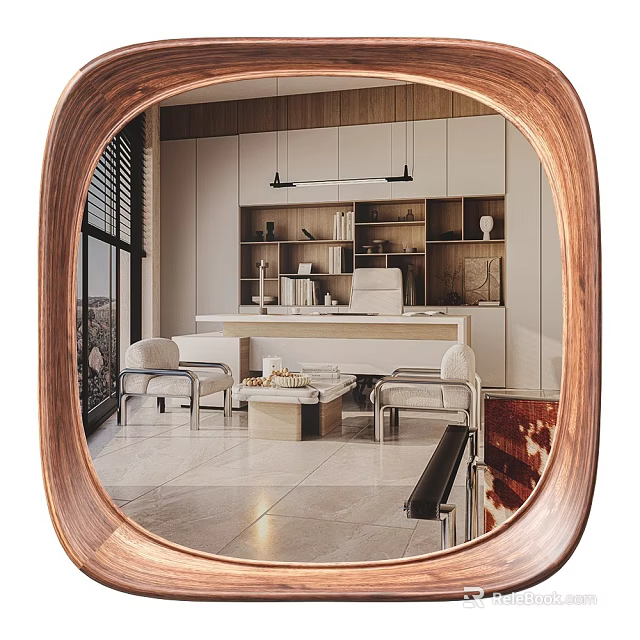 Wooden Frame Mirror Reflecting Modern Living Room With Sofa Coffee Table And Bookshelf 3d model 