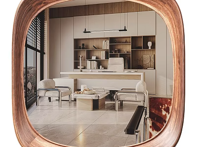 Wooden Frame Mirror Reflecting Modern Living Room With Sofa Coffee Table And Bookshelf 3d model