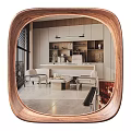 Wooden Frame Mirror Reflecting Modern Living Room With Sofa Coffee Table And Bookshelf