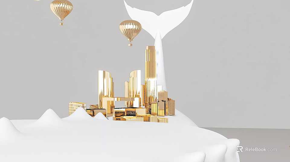 Golden City Model Featuring Hot Air Balloons and White Cloud Elements 3d model