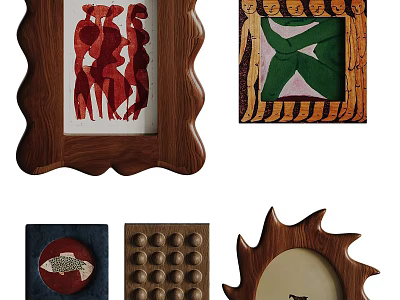 Various Unique Design Photo Frames With Decorative Wooden Shapes And Art Prints 3d model
