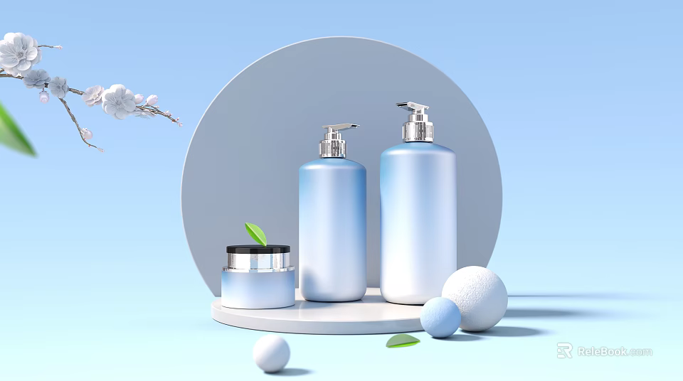 Blue Perfume Cosmetic Bottles And Cream Jar With Decorative Balls Green Leaves White Flowers 3d model 