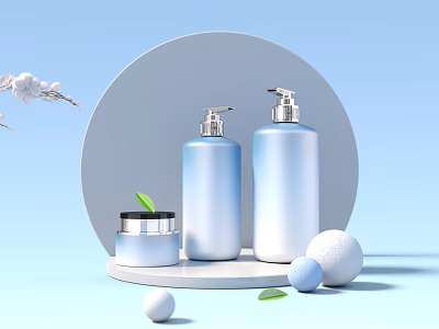 Blue Perfume Cosmetic Bottles And Cream Jar With Decorative Balls Green Leaves White Flowers 3d model