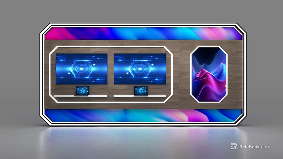 Modern Display Shelf With Colorful Wave Background Multiple Screens And Display Area 3d model 