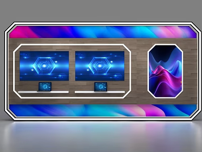 Modern Display Shelf With Colorful Wave Background Multiple Screens And Display Area 3d model