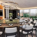 Modern Private Dining Room With Dining Table Chairs And Chandelier 3d model