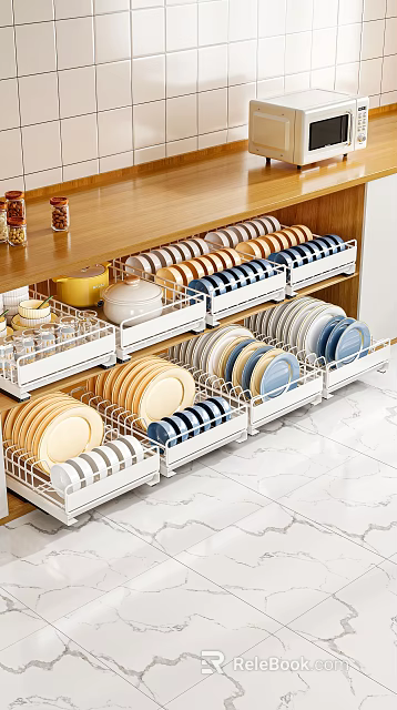 Kitchen Cabinets Interior With Organized Pull Out Drawers Storing Plates Bowls And Dishes 3d model 