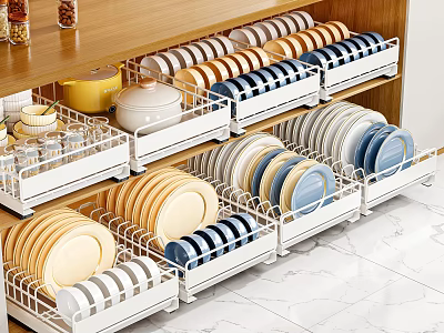 Kitchen Cabinets Interior With Organized Pull Out Drawers Storing Plates Bowls And Dishes 3d model