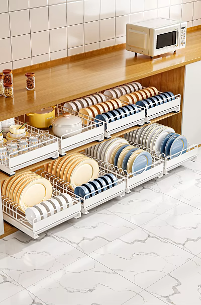 Kitchen Cabinets Interior With Organized Pull Out Drawers Storing Plates Bowls And Dishes 3d model