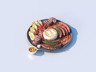Grilled Meat Platter With Steak Sausages Shrimp Toasted Bread Vegetables And Sauce 3d model