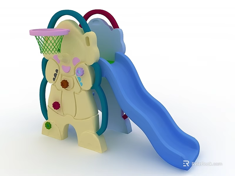 Children's Playground Swing Door With Cartoon Bear Slide And Basketball Hoop 3d model 