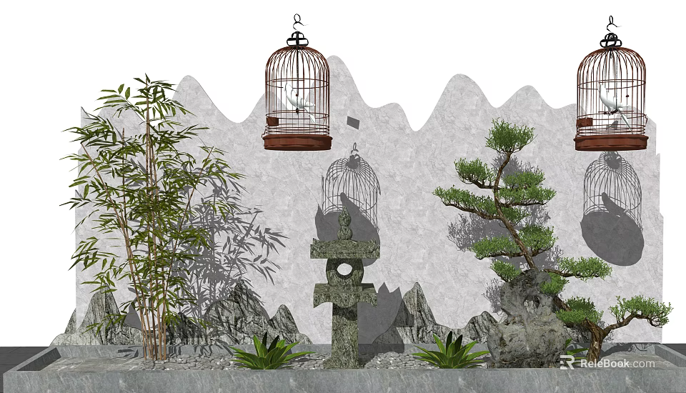 Garden Ornaments With Bamboo Hanging Birdcages Stone Lantern Rock Formations And Wavy Wall 3d model 