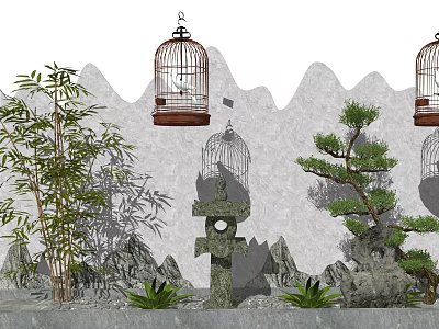 Garden Ornaments With Bamboo Hanging Birdcages Stone Lantern Rock Formations And Wavy Wall 3d model