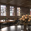 Rustic Bar Interior With Wooden Ceiling Brick Walls Large Windows And Orange Roses On Tables
