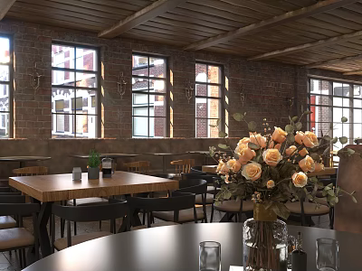 Rustic Bar Interior With Wooden Ceiling Brick Walls Large Windows And Orange Roses On Tables 3d model