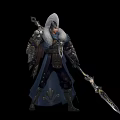 Game Fantasy Warrior Character In Armored Cloak With Long Sword And White Feather 3d model