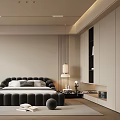 Modern Bedroom Interior Design With Black Tufted Bed Beige Walls Hanging Lamp And Bookshelves