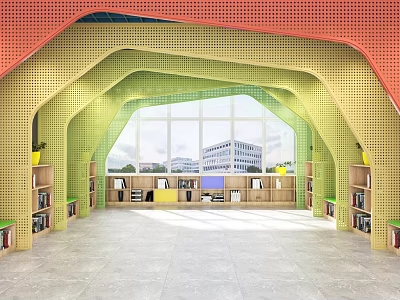 Vibrant Book Art Interior Design with Colorful Arched Structure Large Windows and Bookshelves 3d model