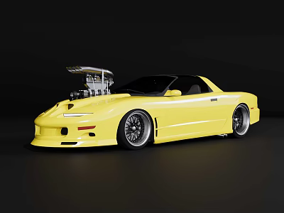 Yellow Modified Sports Car With Open Hood Exposed Engine And Lowered Stance 3d model