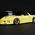 Yellow Modified Sports Car With Open Hood Exposed Engine And Lowered Stance