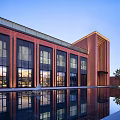 Modern Red Brick Sales Office Building With Glass Windows And Front Pool