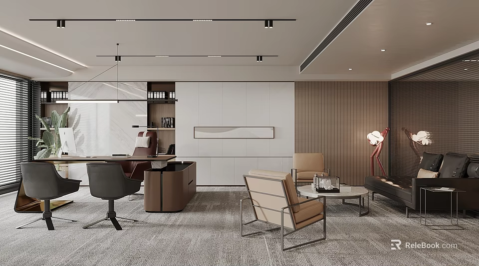 Modern Office Interior Design With Executive Desk Comfortable Chairs And Coffee Table 3d model 