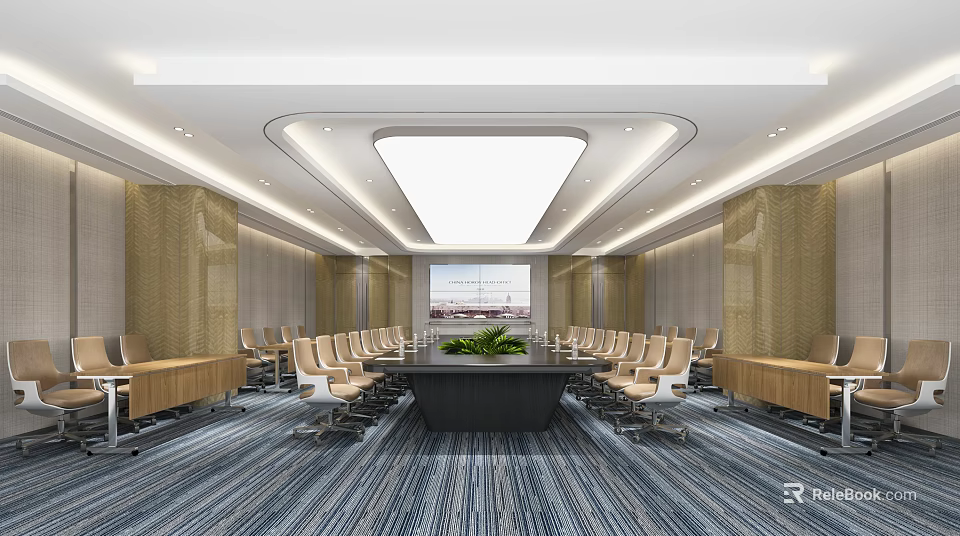 Modern Spacious Conference Room With Large Table Chairs Projector Screen And Ceiling Light 3d model