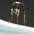 White Freestanding Bathtub Design With Gold Faucet Stand And Blue Water