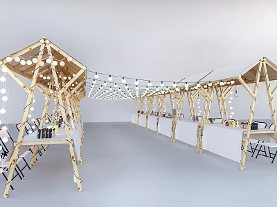 Commercial Equipment Display in Open Layout Wooden Booths with White Countertops and Hanging String Lights 3d model
