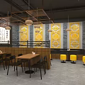 Chinese Restaurant Interior With Yellow Seats Black Pendant Lights Calligraphy Wall And Blue Brick Walls