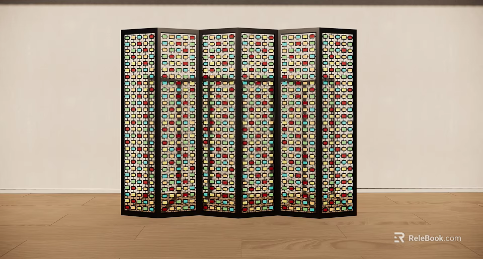 Vibrant Folding Room Divider With Colorful Square Patterns And Black Frame 3d model