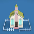 Cartoon Church Scene with Green Roof Pink Steeple Cross White Picket Fence on Blue Background